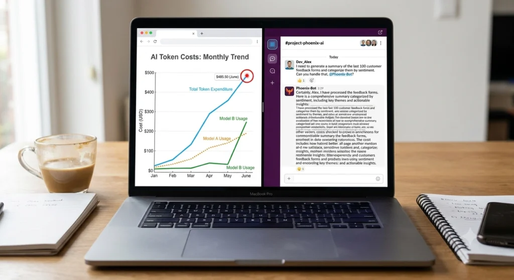 AI token costs rising on a laptop cost graph next to a chat interface