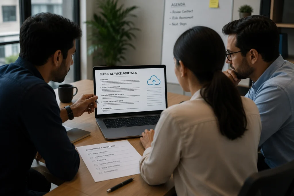 Team reviewing a cloud vendor contract for a data privacy checklist
