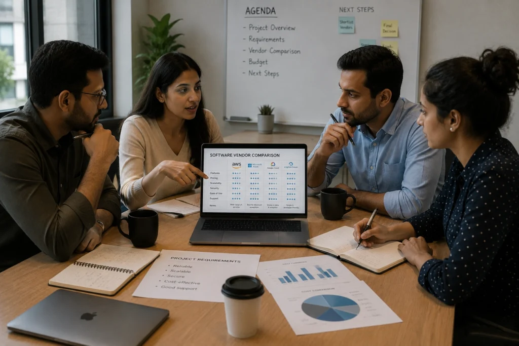 Small business team discussing cloud vendor security options