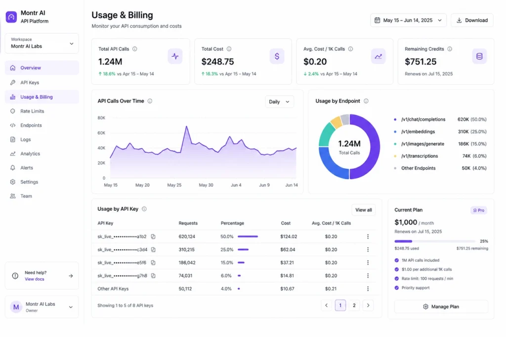 usage-based pricing dashboard showing API consumption