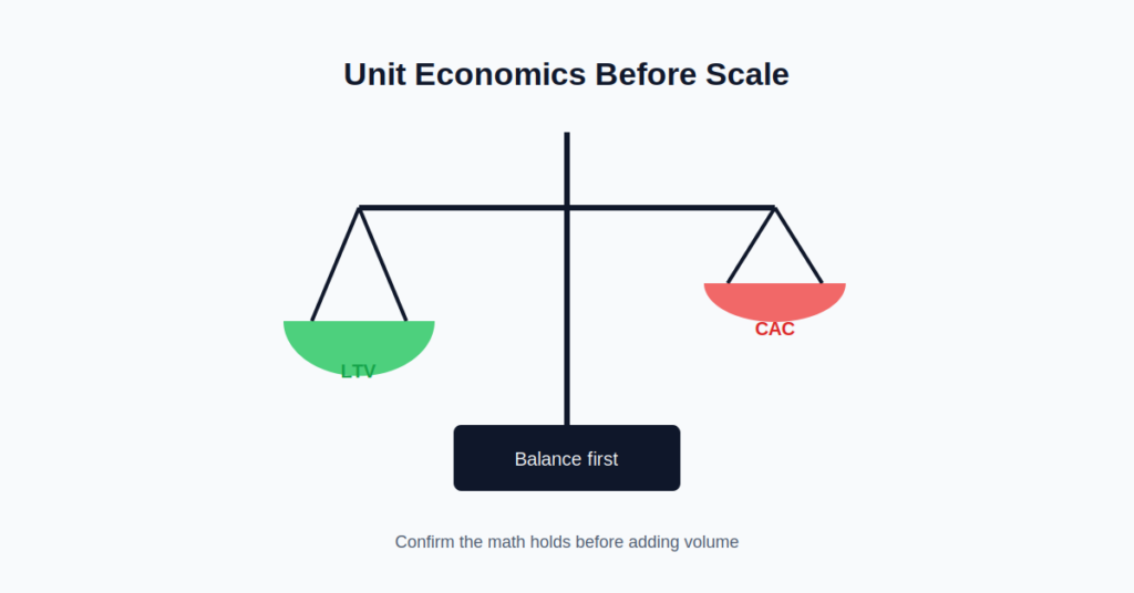 unit economics balance illustrating first-time founder mistakes in scaling