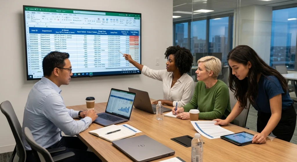 Team reviewing a spreadsheet with AI usage and billing data