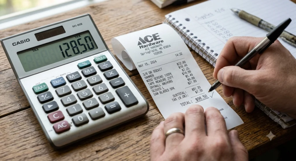 Close-up of a calculator and receipt symbolizing cost tracking